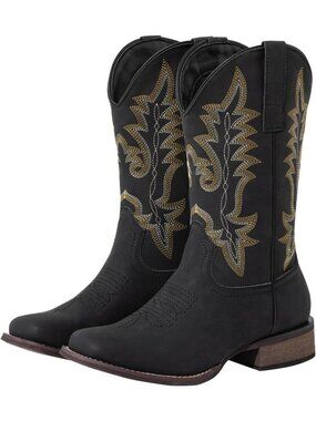 Women's Black Western Cowgirl Cowboy Boots Square Toe Classic Riding Boots